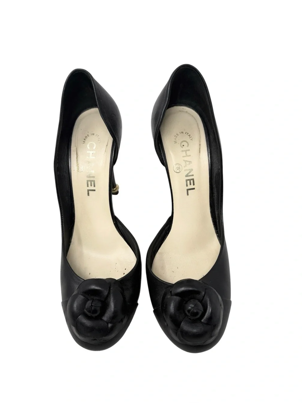 Chanel CC Black Leather Camellia Half D’Orsay Pumps Size 39